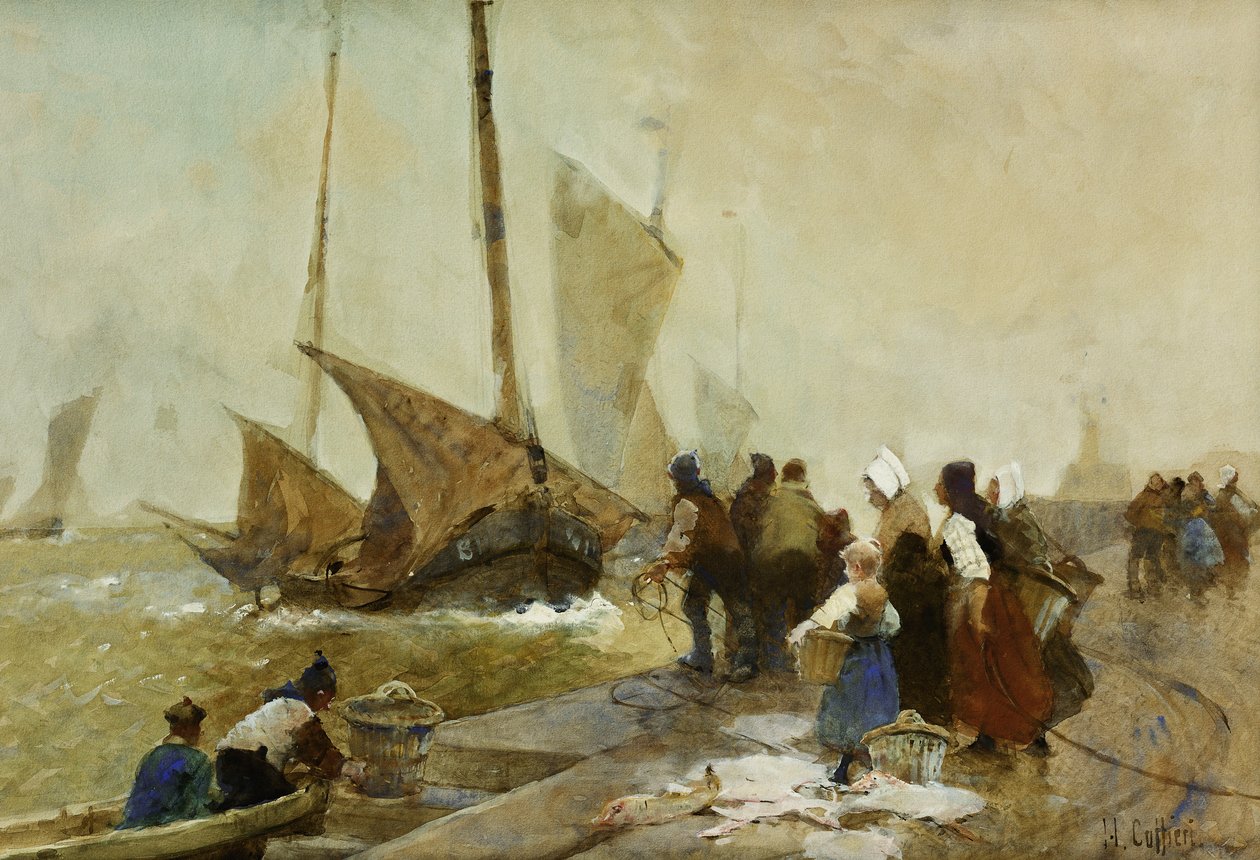En travl kajside i Bretagne med fiskerbåde, der vender tilbage, af Hector Caffieri