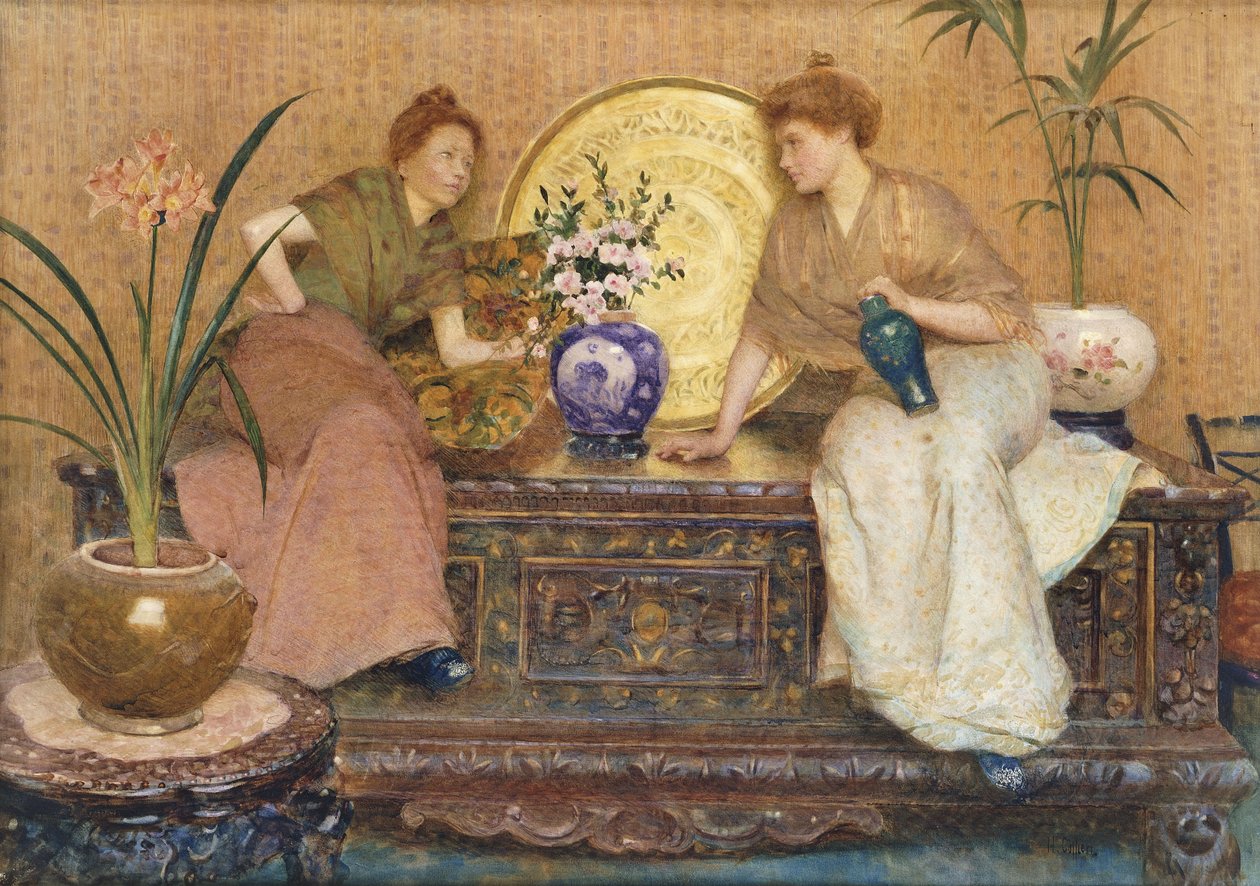 To damer, der sidder på en kiste ved en kairo-varebakke og en vase med blomster, af Hector Caffieri