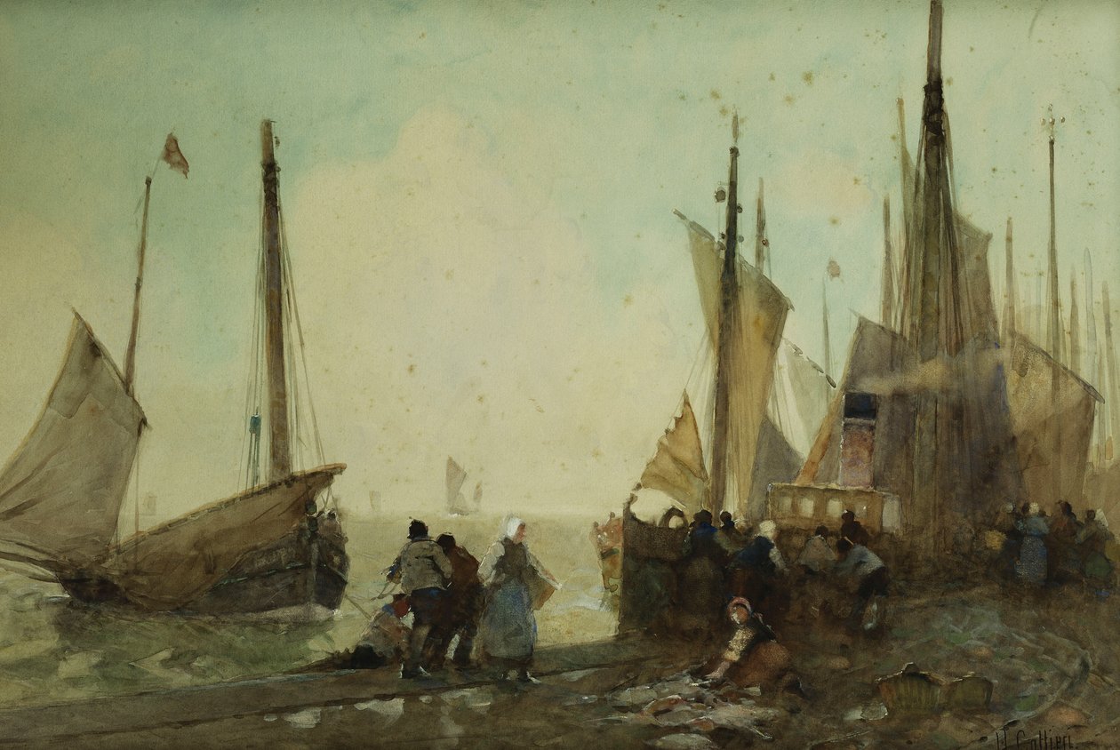 Lossning af fiskerbåde på kajen, Bretagne, af Hector Caffieri