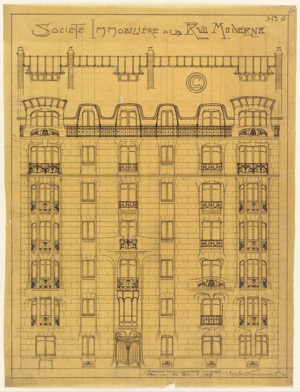 Design til facaden af ​​Societé Immobilière de la Rue Modern, nr. 6 af Hector Guimard