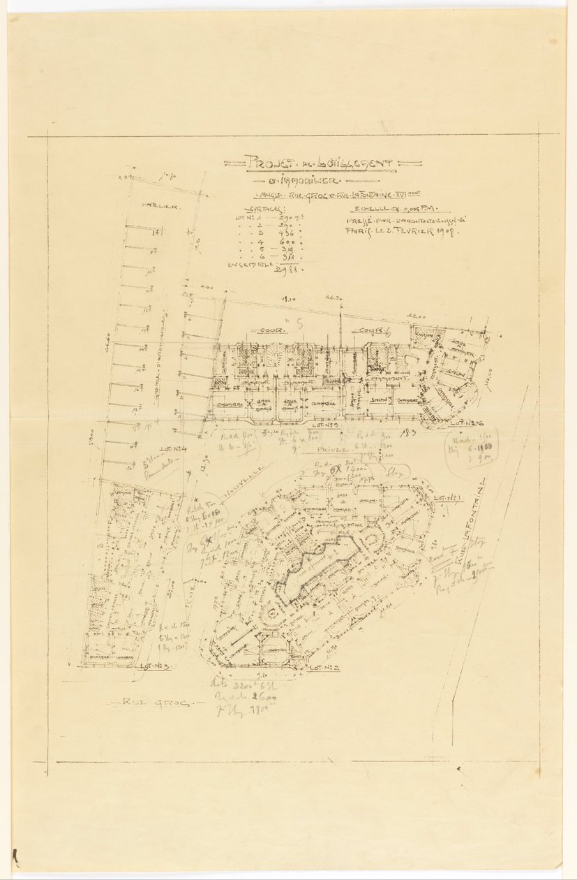Plan, Project de Lotnement, rue Gros og rue de la Fontaine, Paris af Hector Guimard