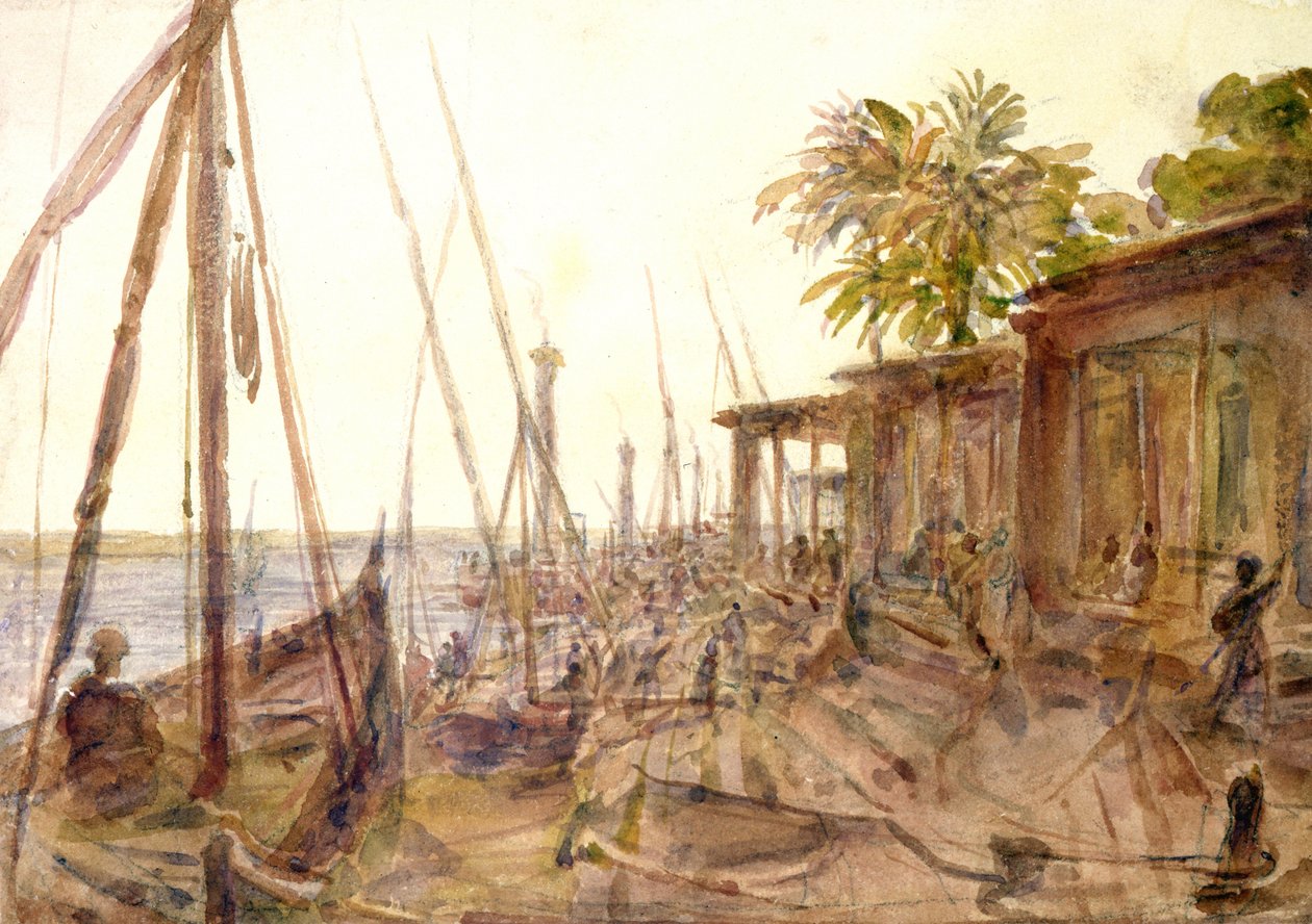 Udsigt over Nilen. Akvarel af Hector Horeau (1801-1872), fransk arkitekt. Floden set gennem både, der er fortøjet ved kajen. Egypten. af Hector Horeau