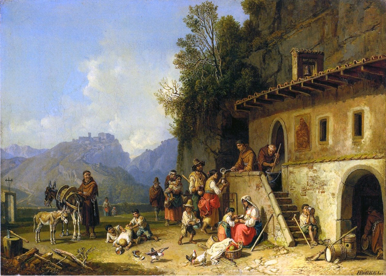 Munke fodrer de fattige, Italien, 1864-65 af Heinrich Burkel