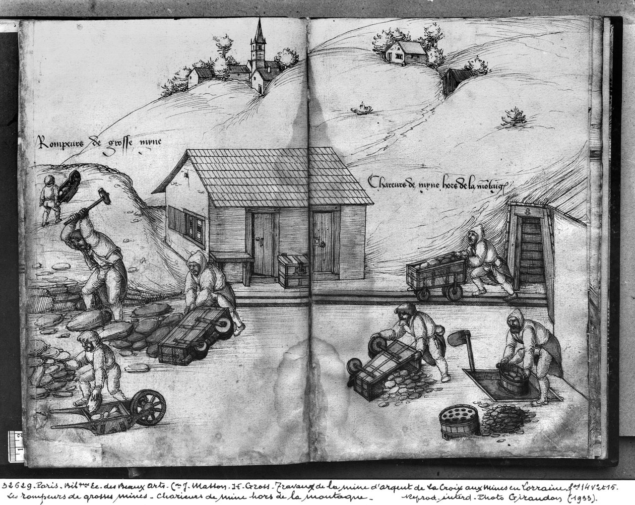 Sølvmine i La Croix-aux-Mines, Lorraine, fol.14v og fol.15r, brydning og bæring af malmen, ca. 1530 (pen og blæk og wc på papir) af Heinrich Gross or Groff