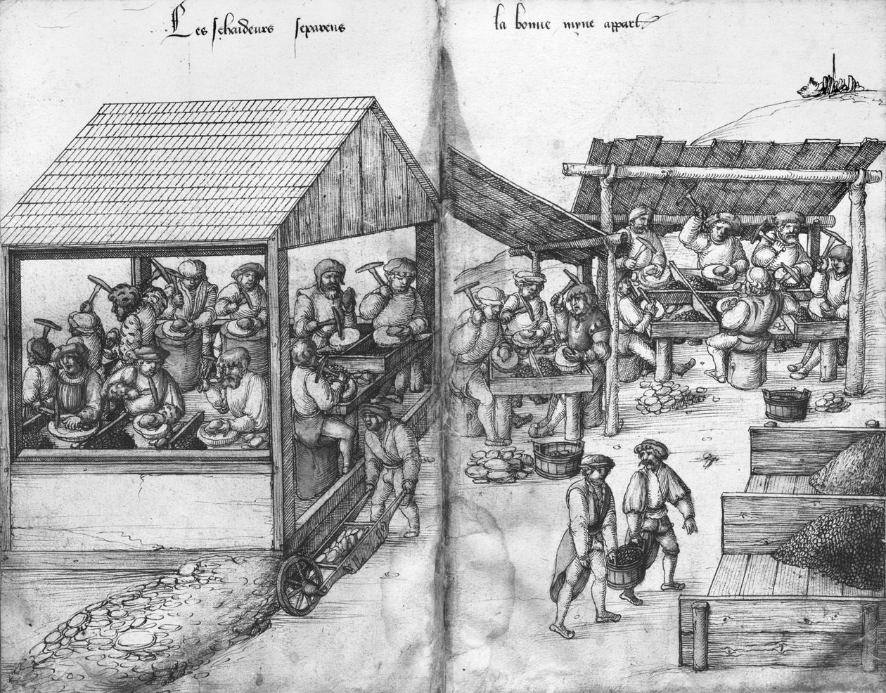 Sølvmine i La Croix-aux-Mines, Lorraine, fol.15v og fol.16r, minearbejdere sorterer malmen fra, ca. 1530 (pen og blæk og wc på papir) af Heinrich Gross or Groff