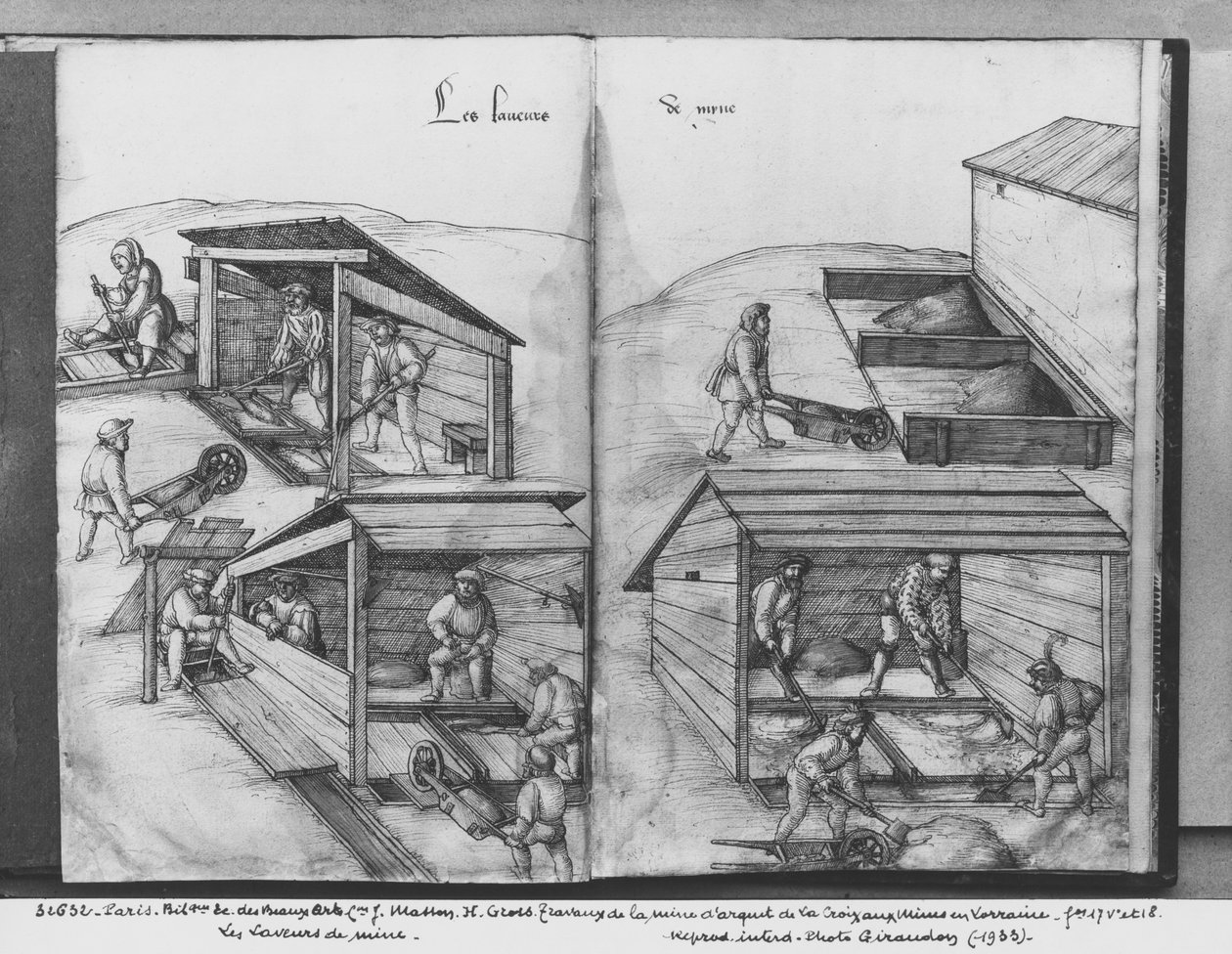 Sølvmine fra La Croix-aux-Mines, Lorraine, fol.17v og fol.18r, vask af malmen, ca. 1530 (pen og blæk og wc på papir) af Heinrich Gross or Groff
