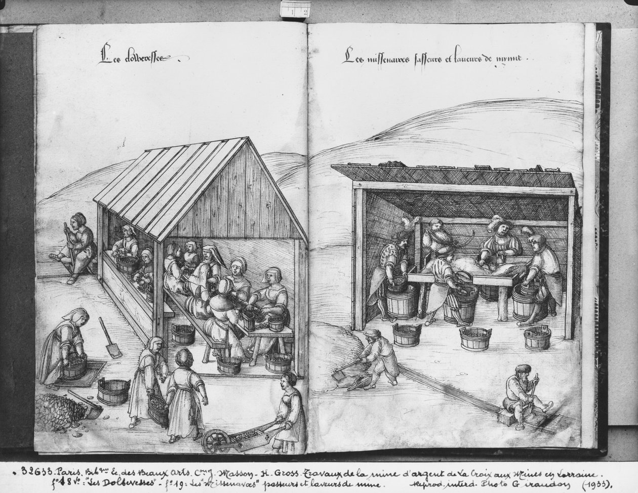 Sølvmine i La Croix-aux-Mines, Lorraine, fol.18v og fol.19, sortering og vask af malmen, ca. 1530 (pen og blæk og wc på papir) af Heinrich Gross or Groff