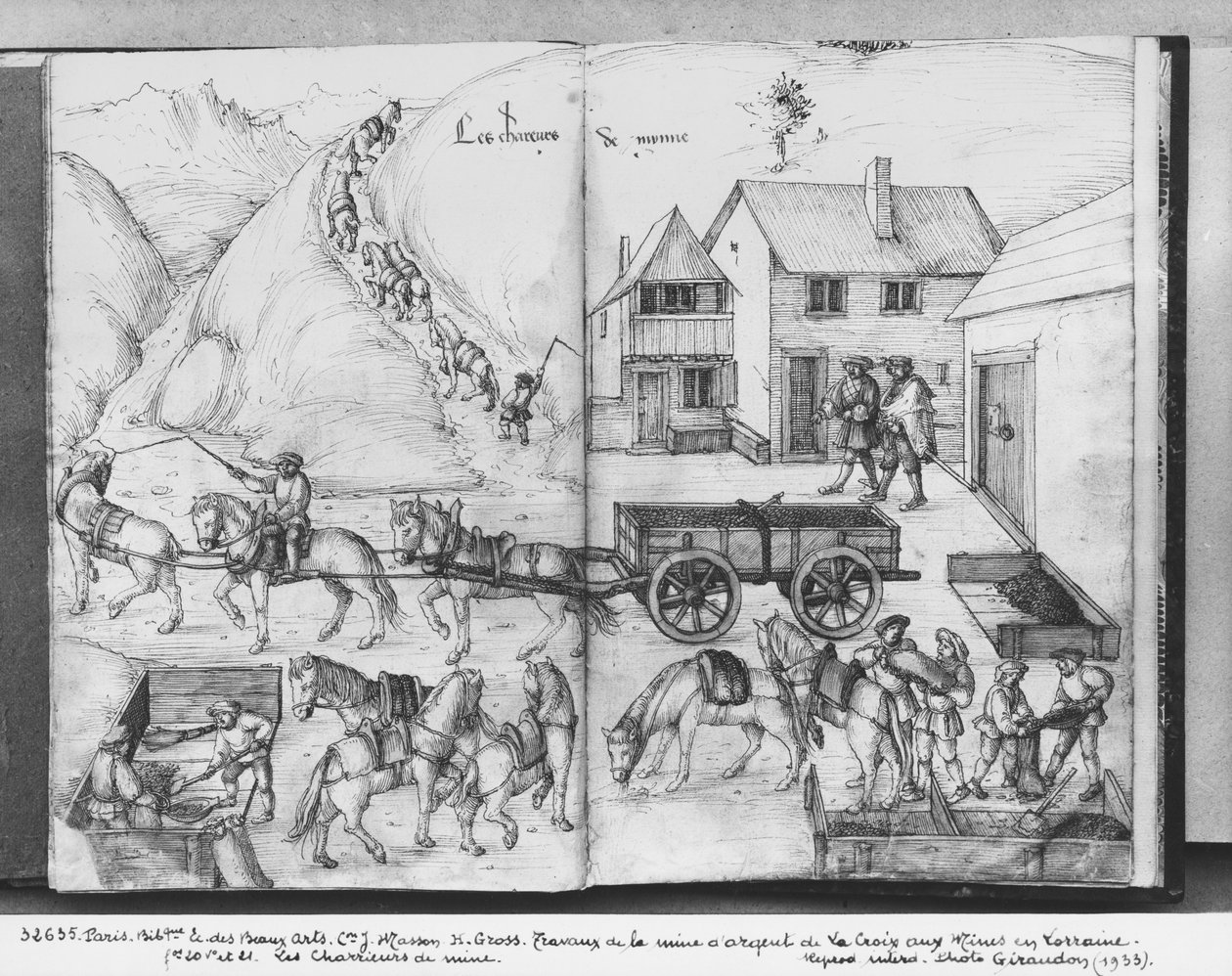 Sølvmine i La Croix-aux-Mines, Lorraine, fol.20v og fol.21r, transport af malmen, ca. 1530 (pen og blæk og wc på papir) af Heinrich Gross or Groff