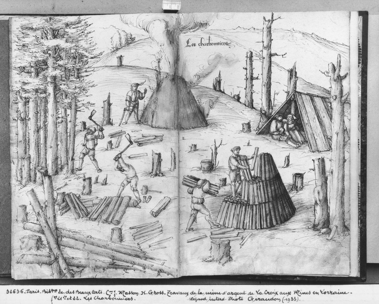 Sølvmine i La Croix-aux-Mines, Lorraine, fol.21v og 22r, kulmænd, ca. 1530 (pen og blæk og wc på papir) af Heinrich Gross or Groff