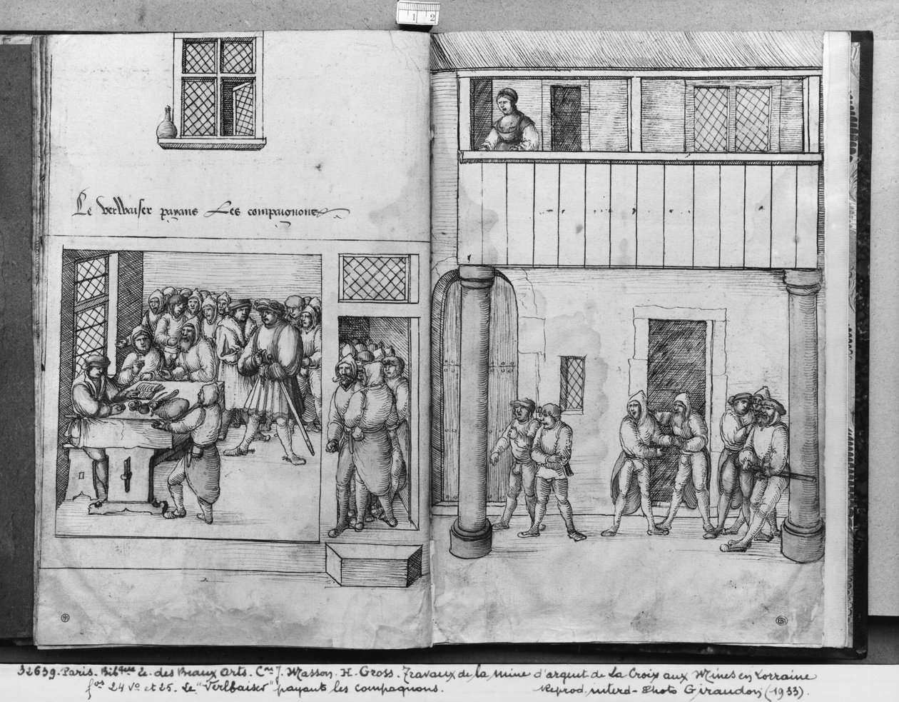 Sølvminen i La Croix-aux-Mines, Lorraine, fol.24v og fol.25r, betaler kammeraterne, ca.1530 (pen und ink und wc på papir) af Heinrich Gross or Groff