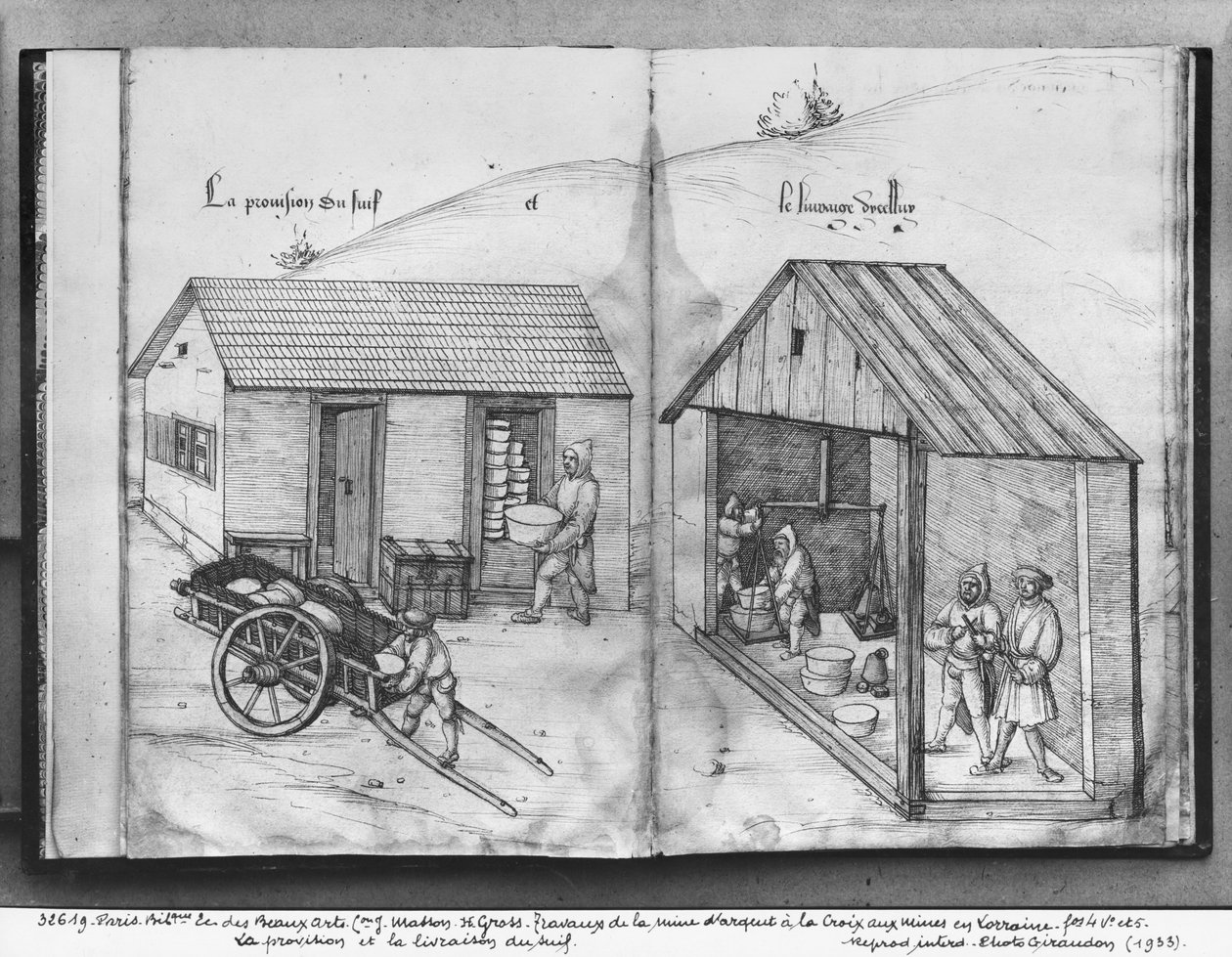 Sølvmine i La Croix-aux-Mines, Lorraine, fol.4v og fol.5r, leverer og leverer talg, ca. 1530 (pen og blæk og wc på papir) af Heinrich Gross or Groff
