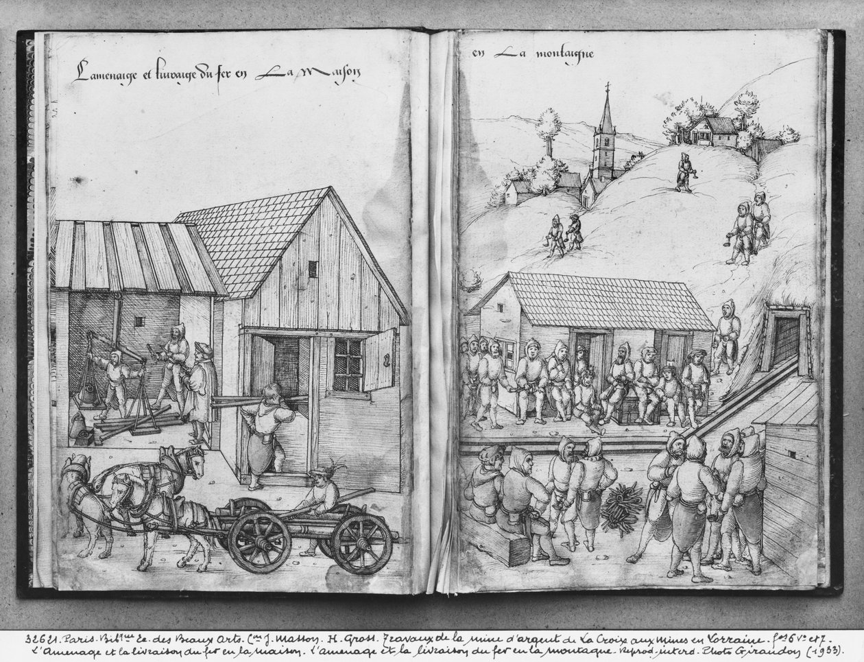Sølvmine i La Croix-aux-Mines, Lorraine, fol.6og fol.7r, levering og levering af jern, ca. 1530 (pen und ink und wc på papir) af Heinrich Gross or Groff