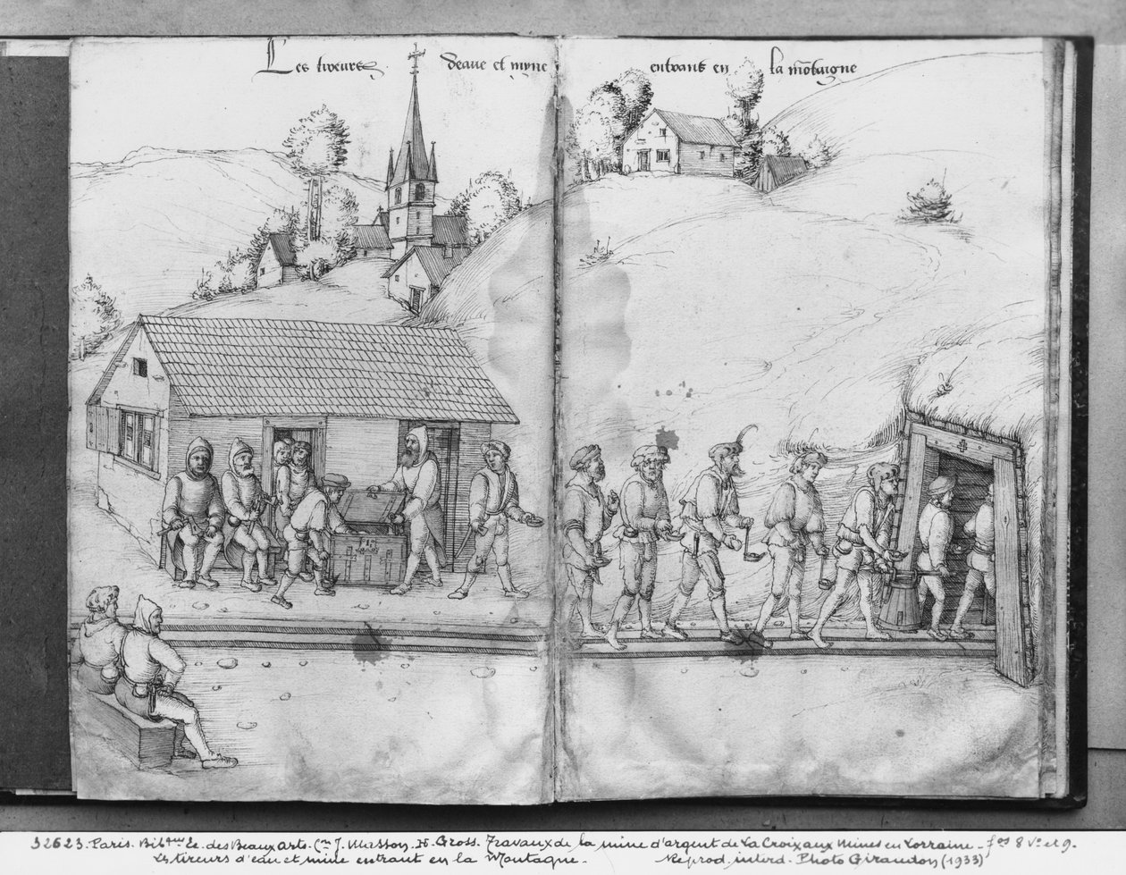 Sølvmine i La Croix-aux-Mines, Lorraine, fol.8v og fol.9r, minearbejdere på vej ind i minen, ca. 1530 (pen og blæk og wc på papir) af Heinrich Gross or Groff