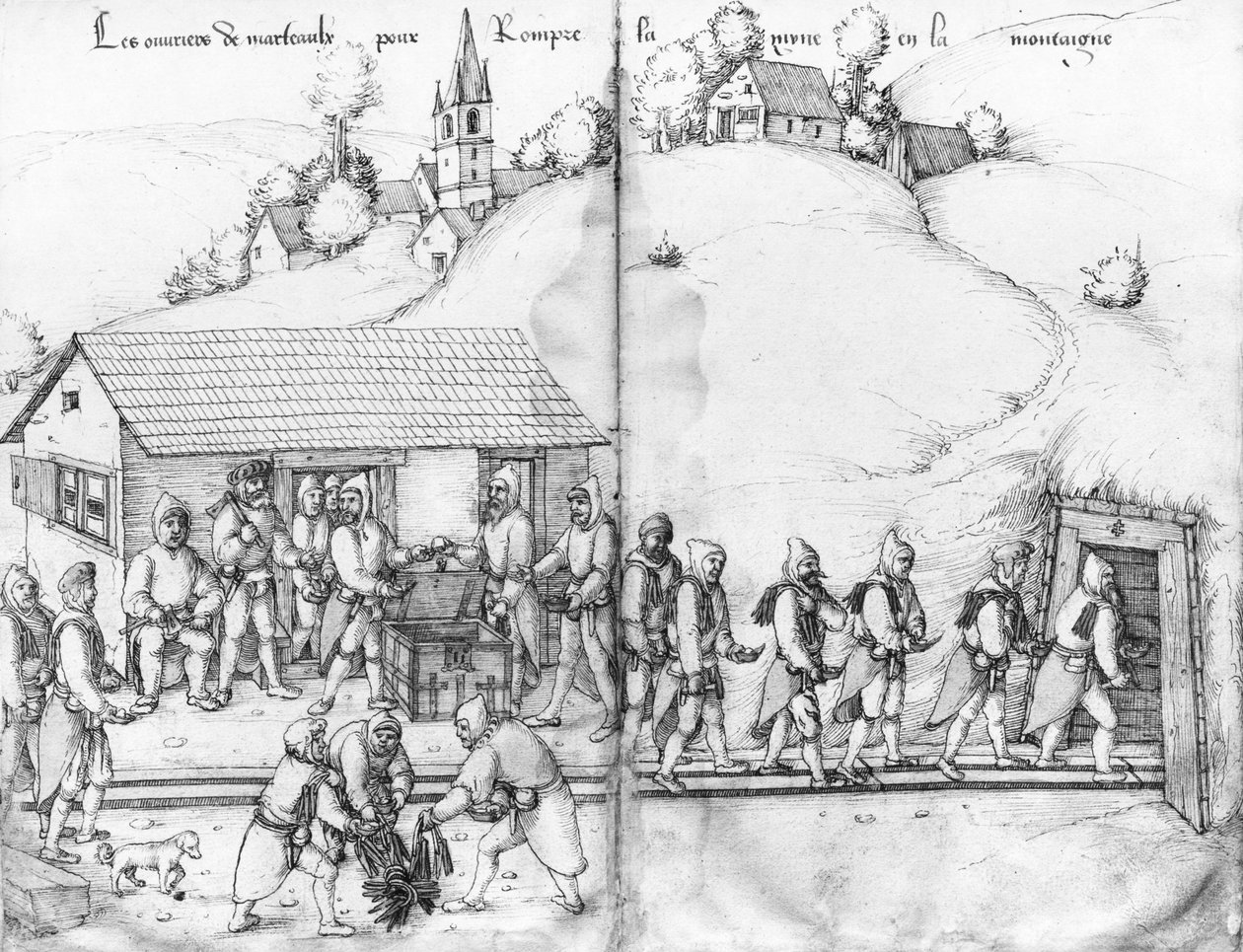 Sølvmine fra La Croix-aux-Mines, Lorraine, fol.9v og fol.10r, minearbejdere og deres hamre, ca. 1530 (pen og blæk og wc på papir) af Heinrich Gross or Groff