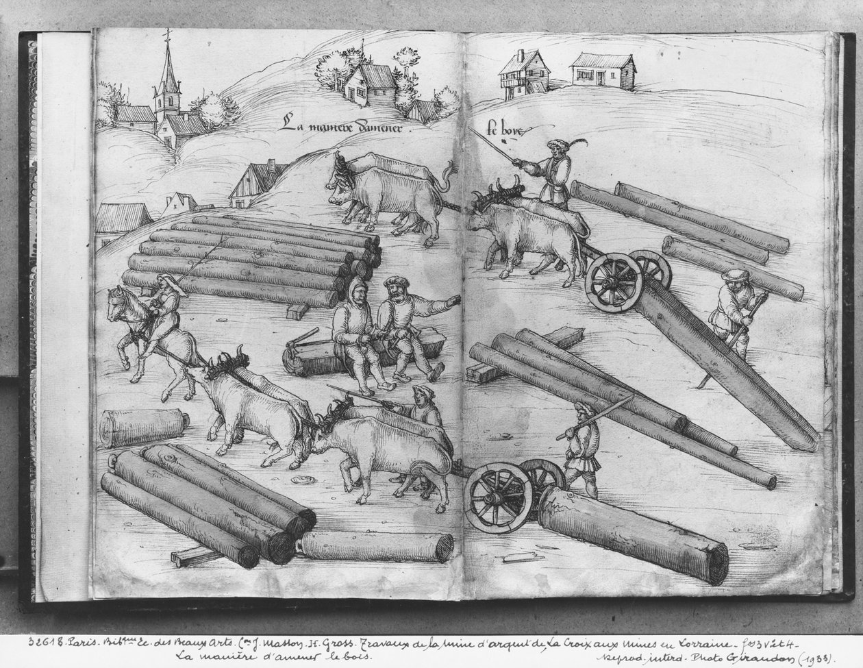 Siver-minen i La Croix-aux-Mines, Lorraine, fol.3v og 4r, transport af træ, ca. 1530 (pen und ink und wc på papir) af Heinrich Gross or Groff
