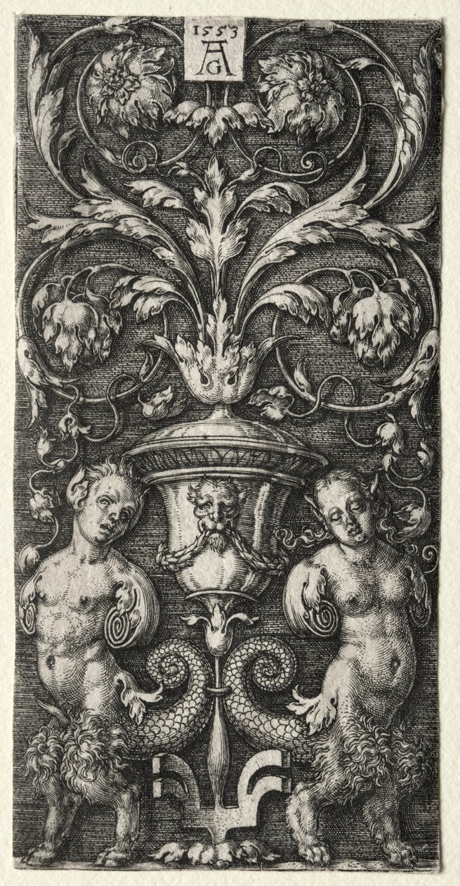 En vase mellem to kimære figurer af Heinrich Aldegrever