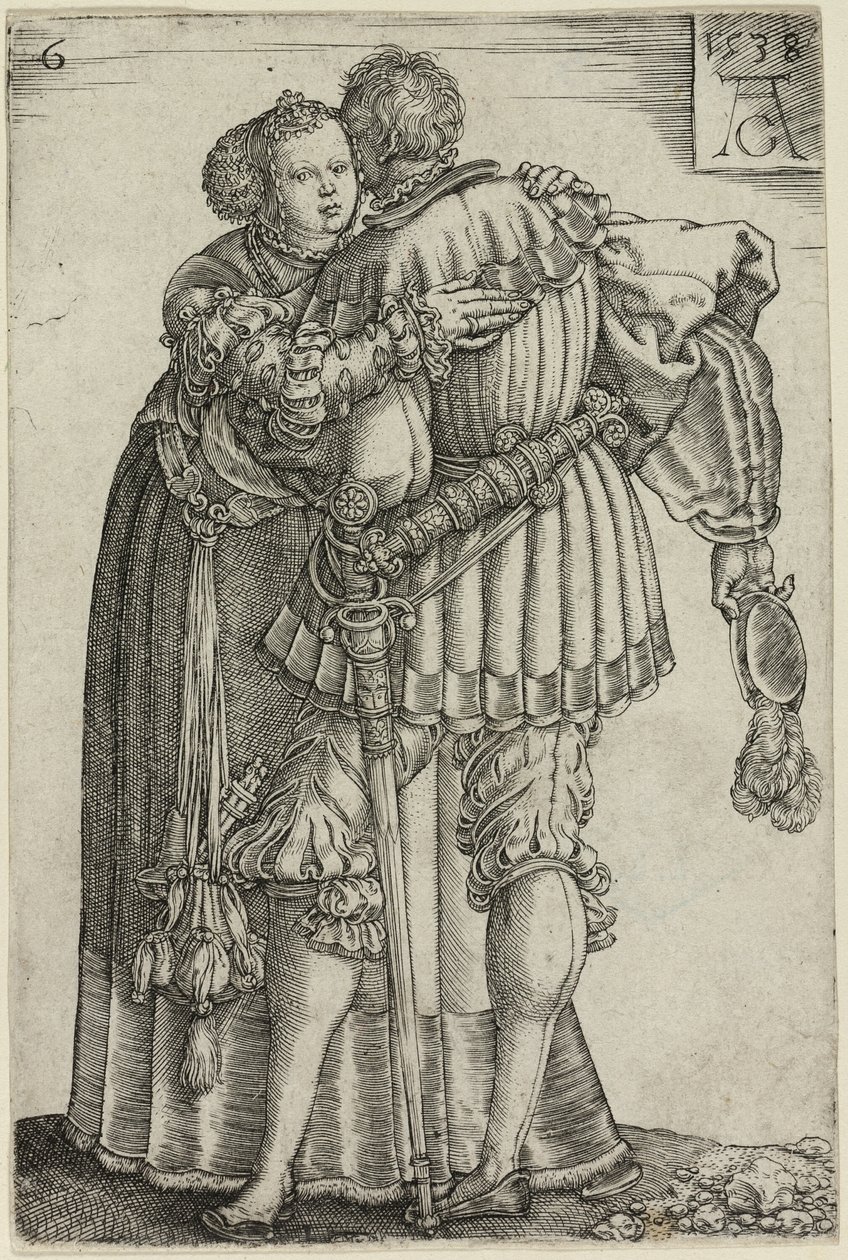 Couple Embracing, tallerken seks fra The Large Wedding-Dancers af Heinrich Aldegrever