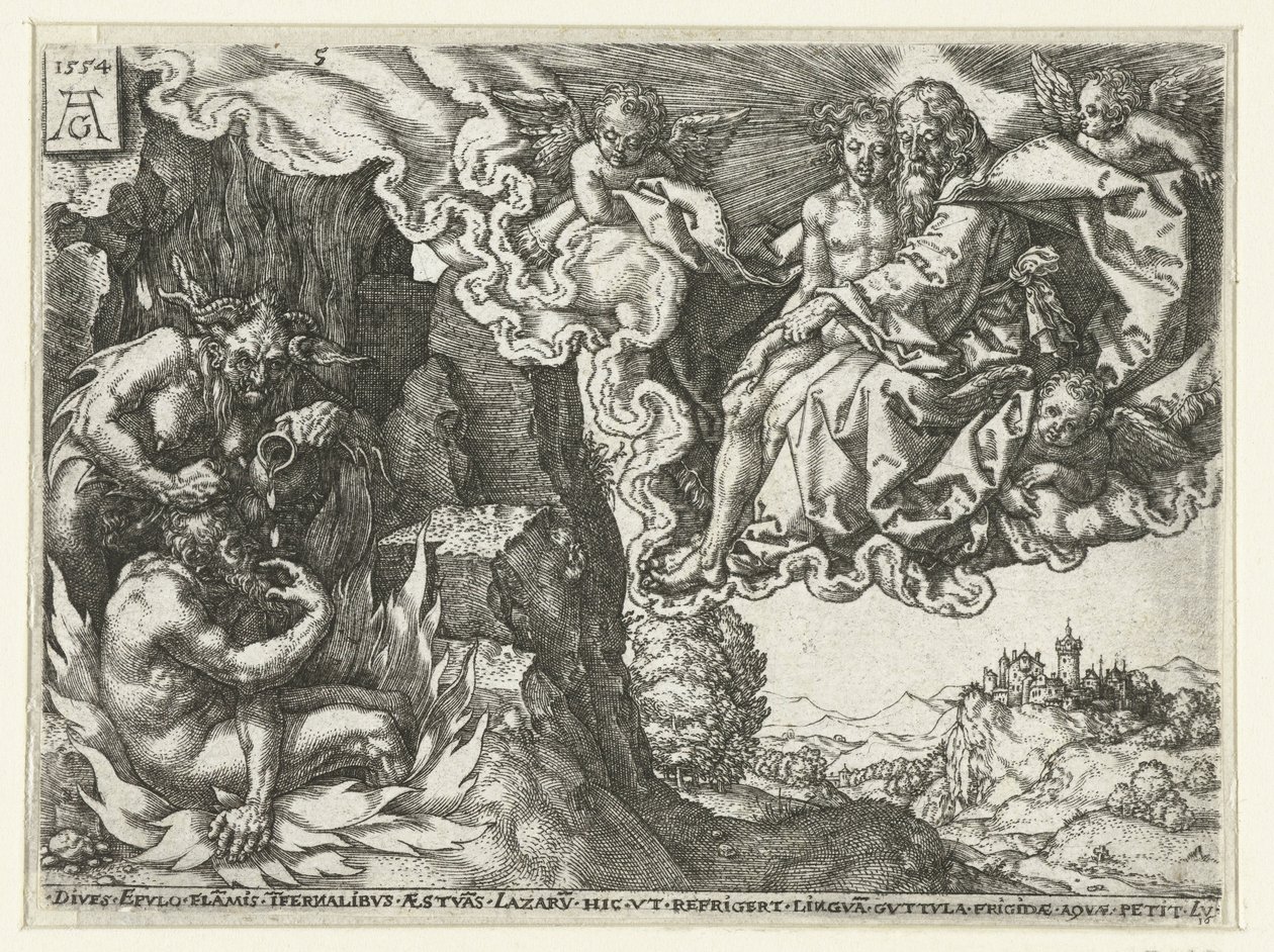 Den rige mand i helvede ser Abraham med Lazarus Lignelse om Lazarus og den rige mand (serietitel) af Heinrich Aldegrever