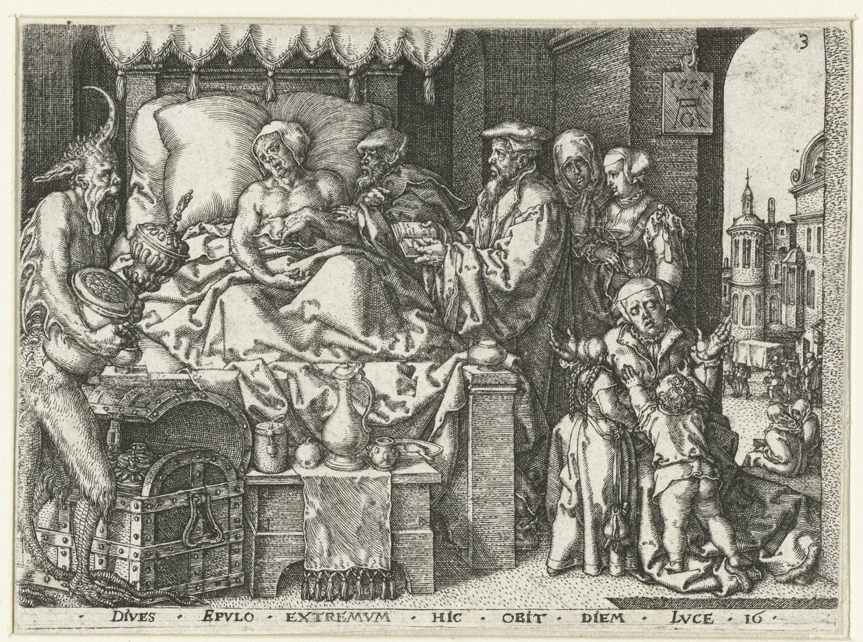 Den rige mand på sit dødsleje Lignelse om Lazarus og den rige mand (serietitel) af Heinrich Aldegrever