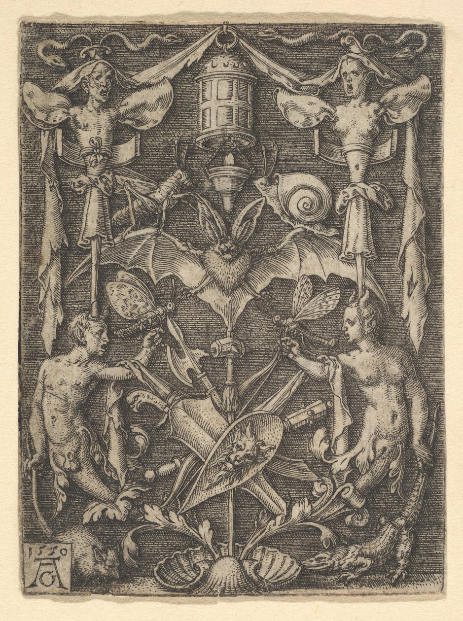 Design til en kandelaber-grotesk med et flagermus i midten, 1550. af Heinrich Aldegrever