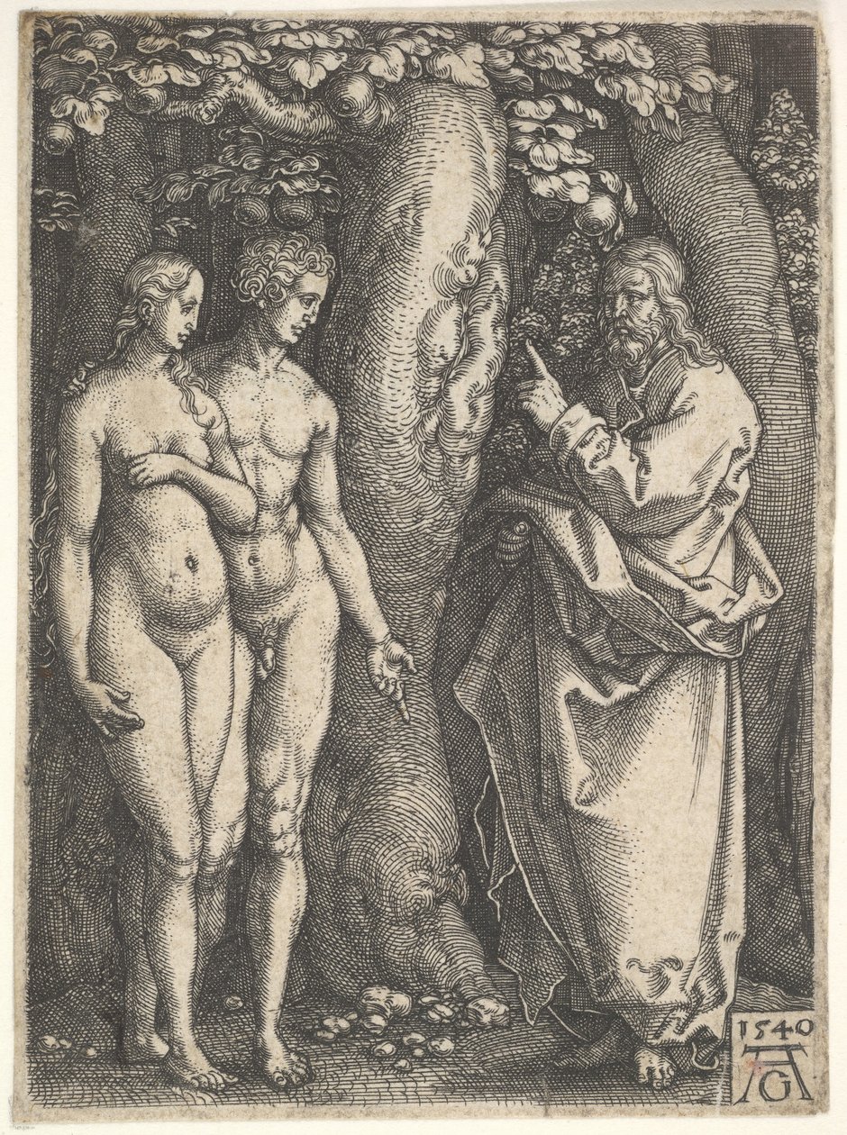 Gud til højre forbyder de nøgne Adam og Eva til venstre at spise af kundskabens træ i..., 1540. af Heinrich Aldegrever