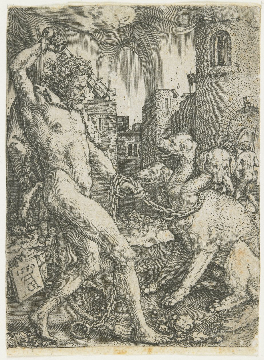 Hercules Chains Cerberus, 1550 af Heinrich Aldegrever