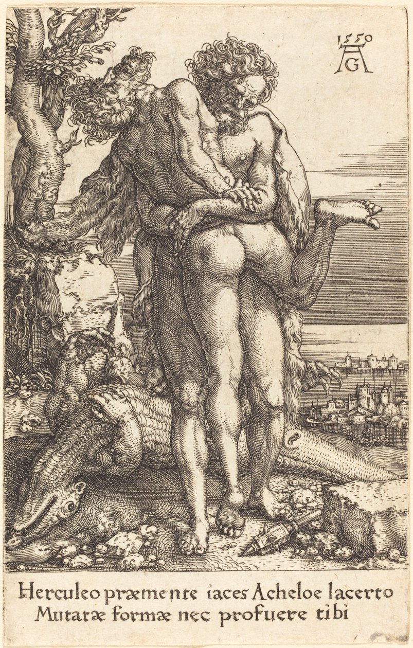 Hercules kæmper mod floden Gud Achelous af Heinrich Aldegrever