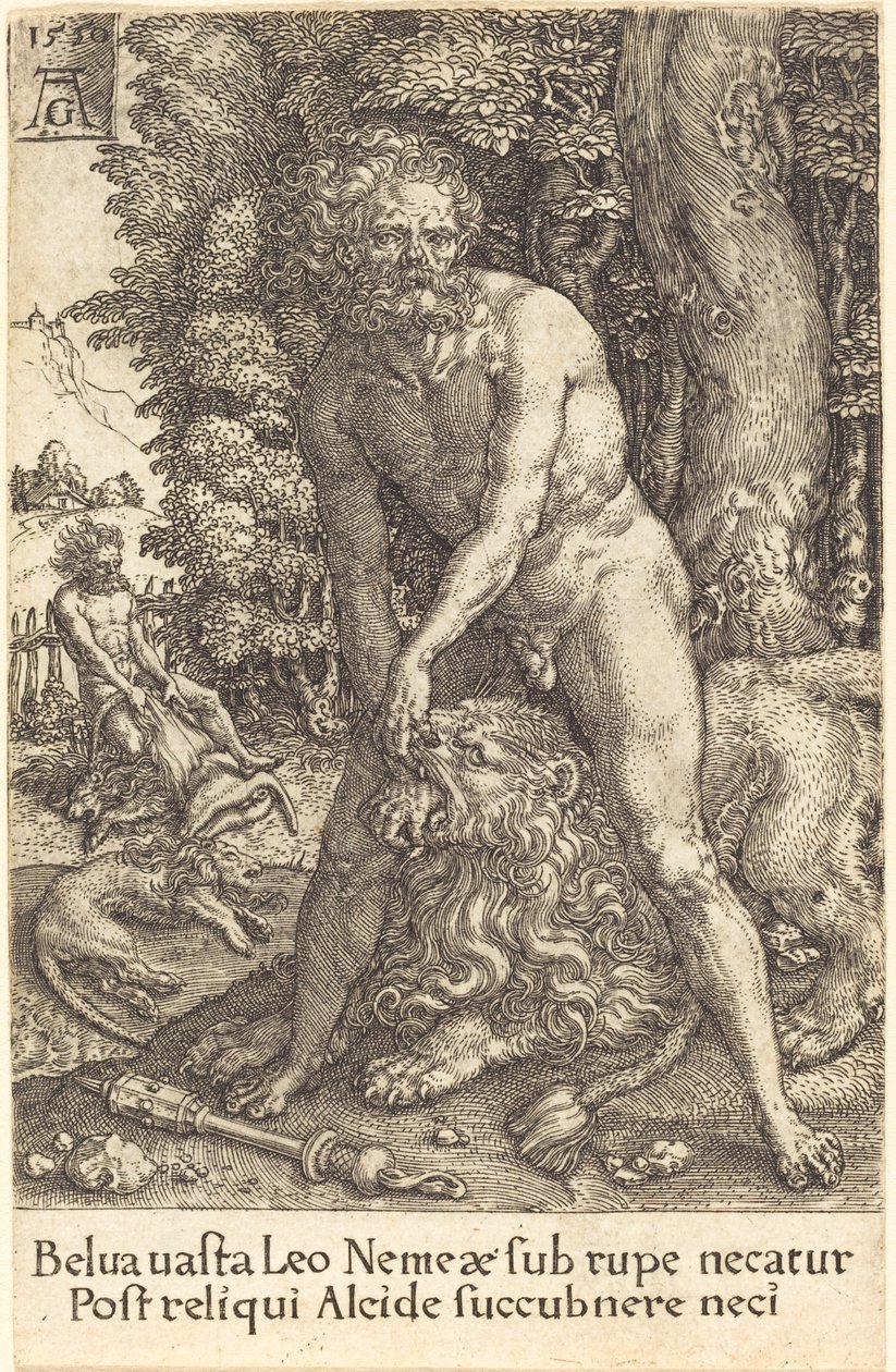 Hercules dræber løven af Nemea af Heinrich Aldegrever