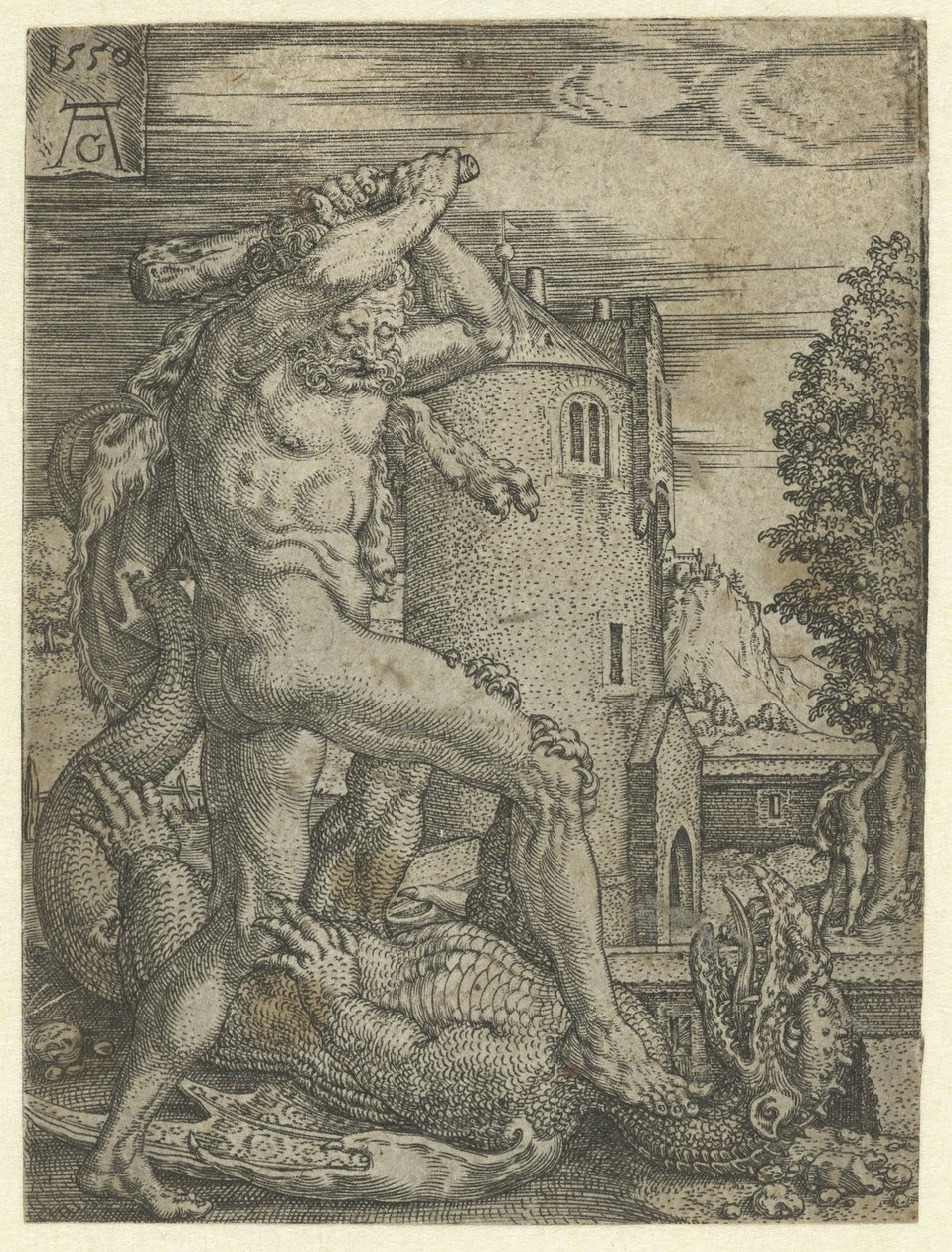 Hercules dræber dragen Ladon Labours of Hercules (serietitel) af Heinrich Aldegrever