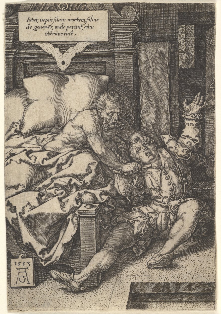 Dommer Herkinbald skærer halsen over på sin nevø, 1553. af Heinrich Aldegrever