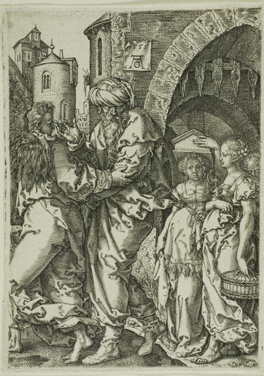 Lot og hans familie flygter fra Sodoma, fra historien om Lot af Heinrich Aldegrever