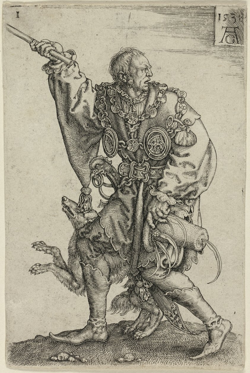 Ceremonimester med en hund, tallerken en fra de store bryllupsdansere af Heinrich Aldegrever