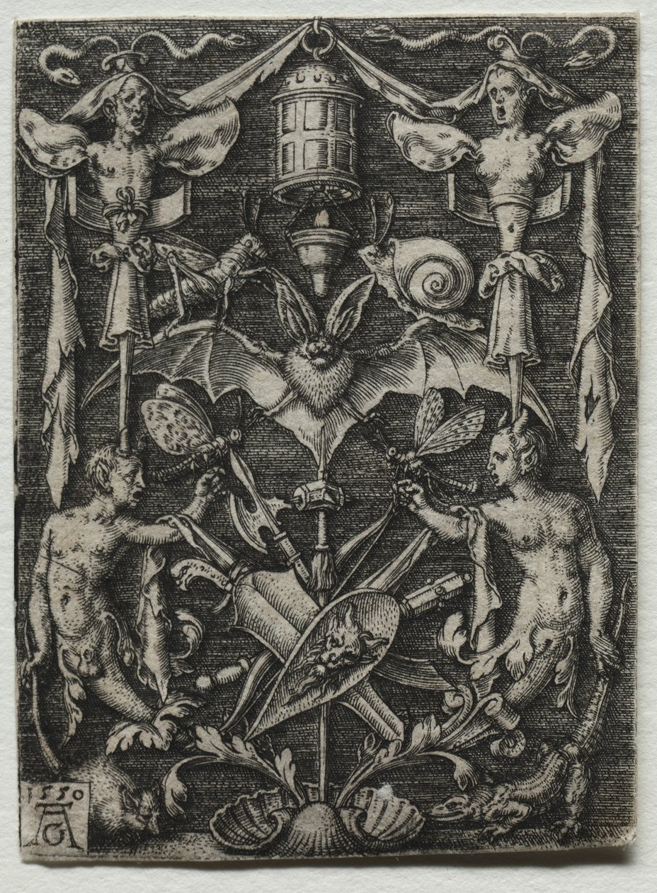 Ornamentdesign med et flagermus i midten, 1550. af Heinrich Aldegrever