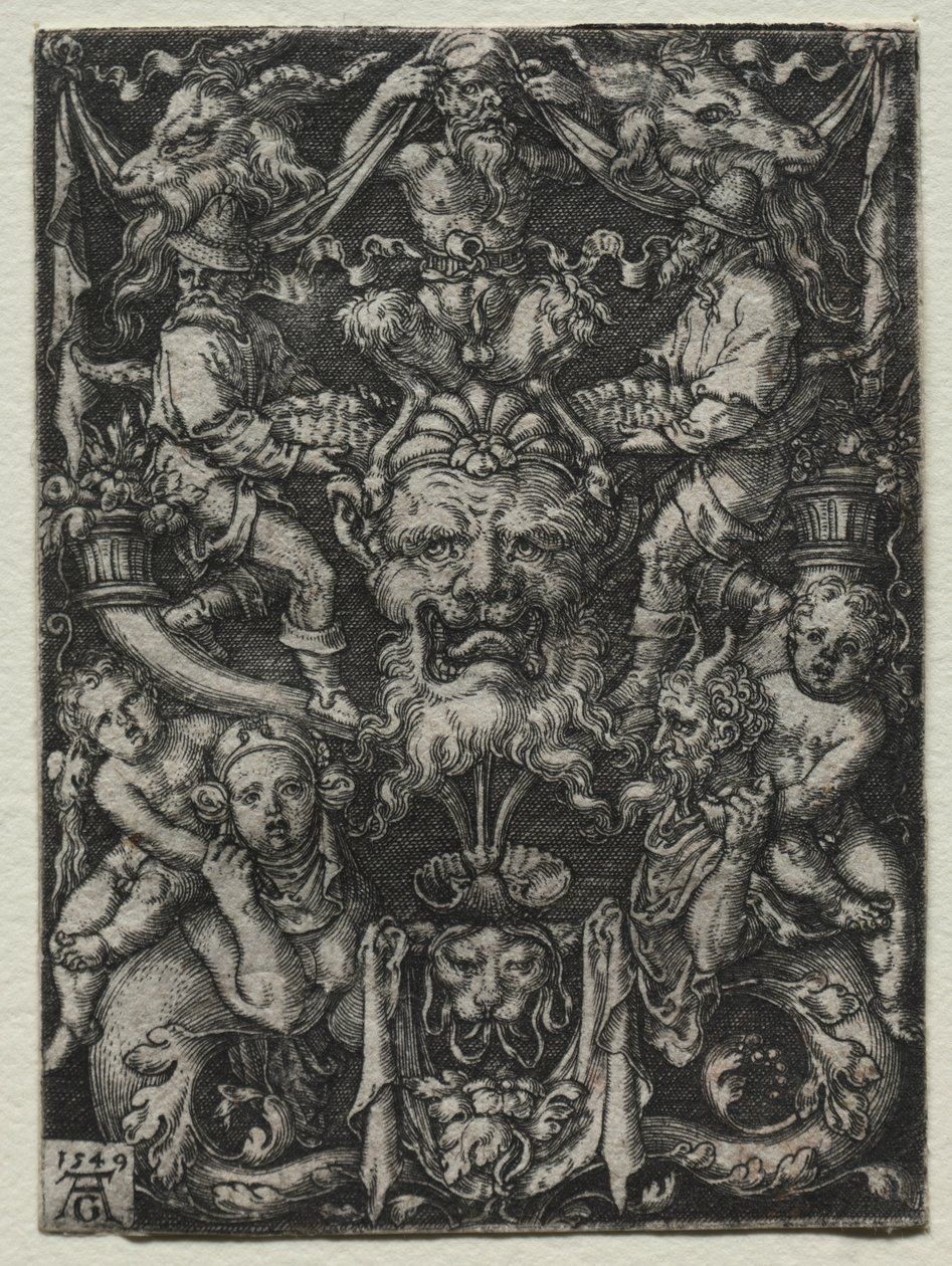 Ornamentdesign med en maske, et par tritoner og to børn nedenfor af Heinrich Aldegrever
