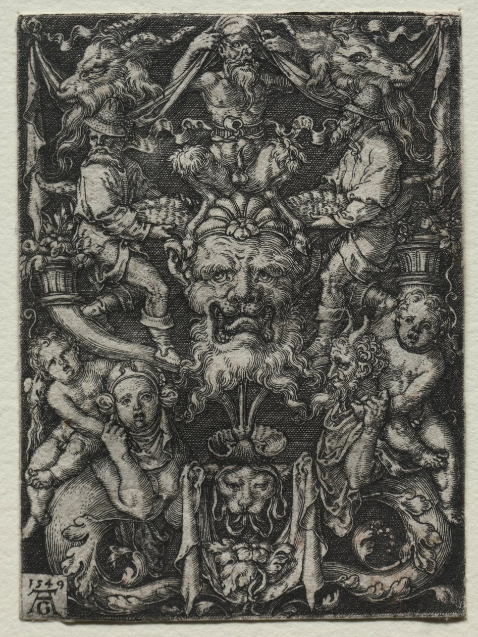 Ornamentdesign med en maske, et par tritoner og to børn nedenfor, 1549. af Heinrich Aldegrever