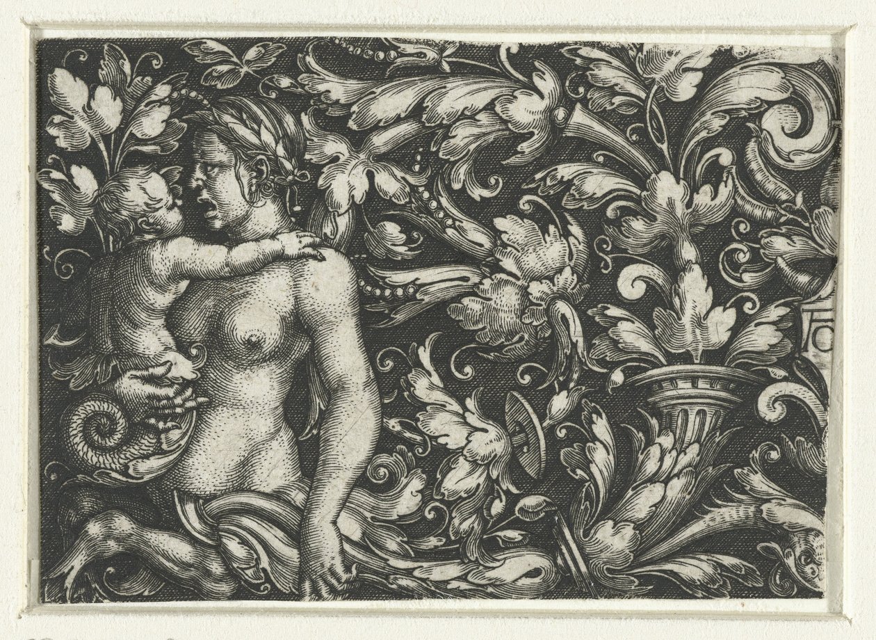 Ornament med bladranker og en kvindelig triton med barn af Heinrich Aldegrever