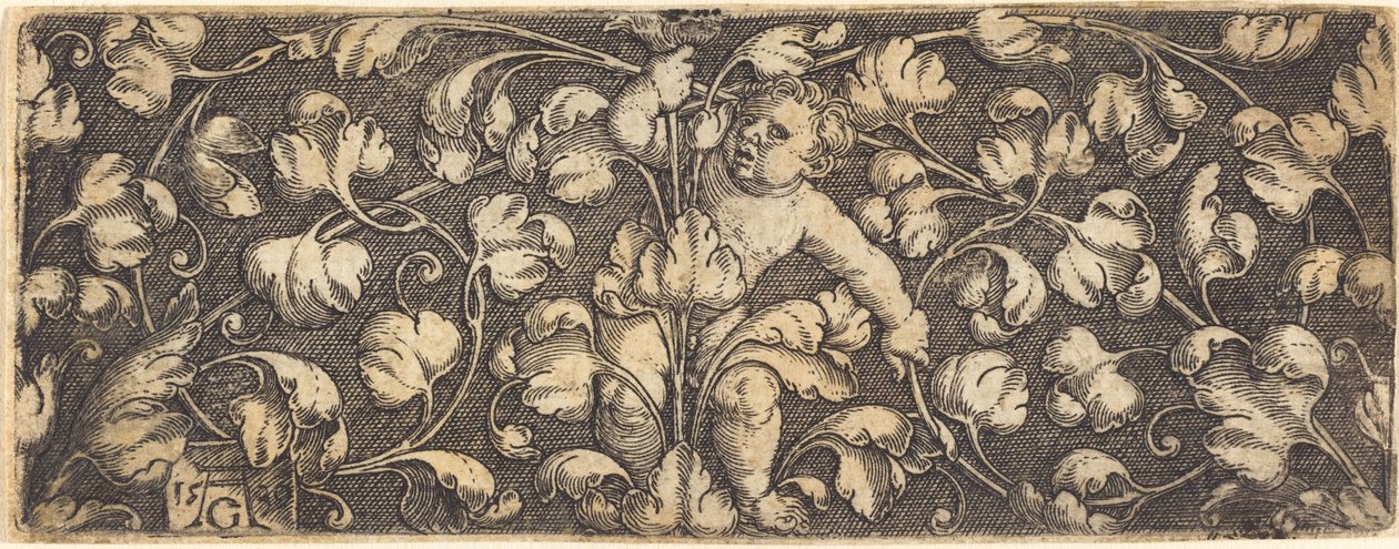 Ornament med løv og et barn i midten af Heinrich Aldegrever