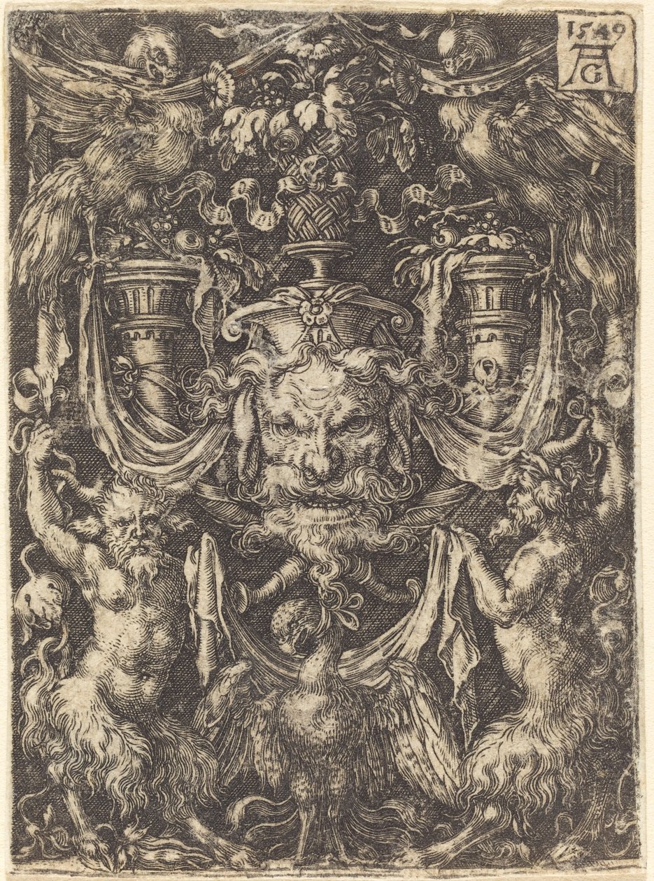 Ornament med maske, Eagle between Satyrs Below, 1549. af Heinrich Aldegrever