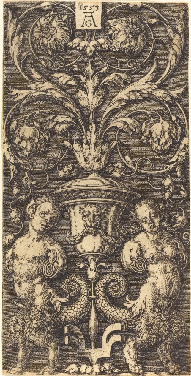 Ornament med vase og to kvindefigurer, 1553. af Heinrich Aldegrever