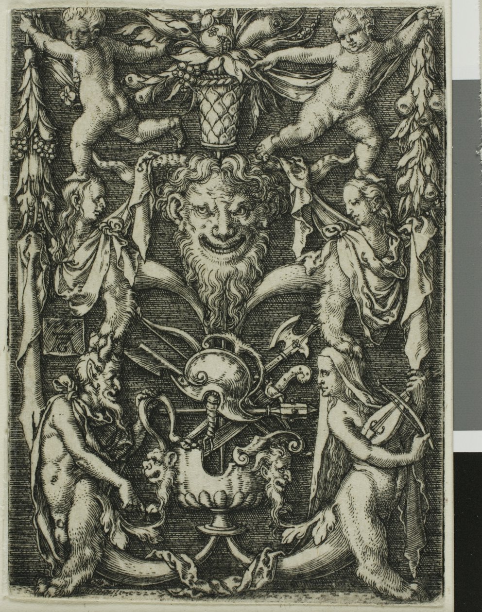 Ornamental design med et par satyrer, børn og et trofæ af Heinrich Aldegrever