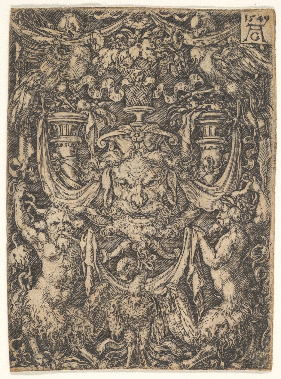 Ornamental design med en maske og en ørn mellem to fauner nedenfor, 1549. af Heinrich Aldegrever