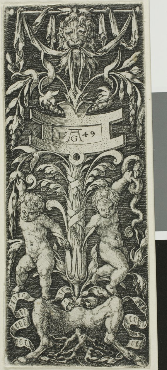Ornamentpanel med to nøgne drenge, der står på benene af en satyr af Heinrich Aldegrever