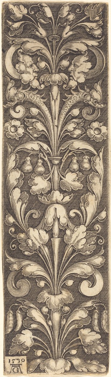 Kvist af dekorativt løv med to masker og to delfiner, 1530. af Heinrich Aldegrever