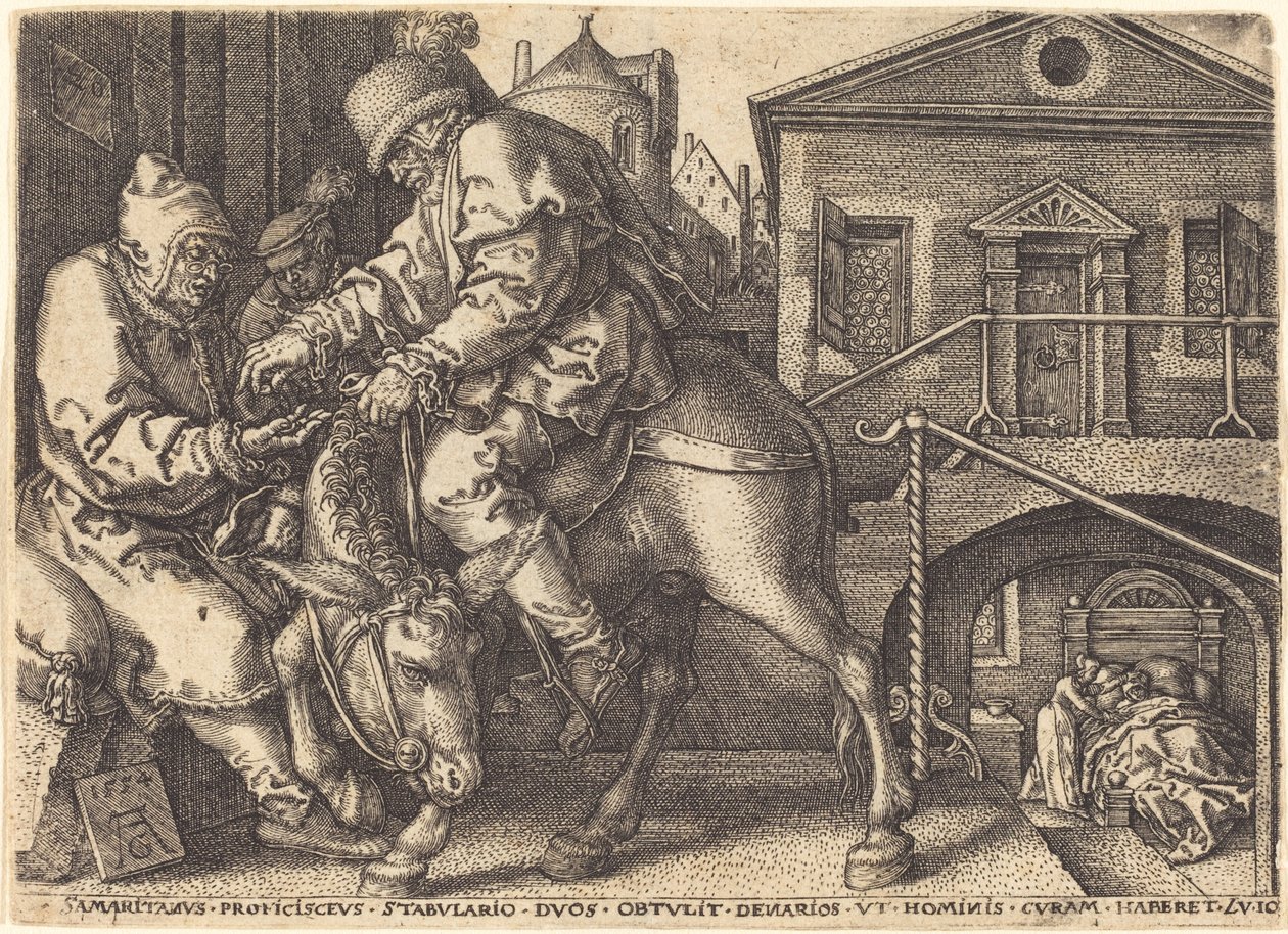 Den barmhjertige samaritaner betaler for den rejsendes logi, 1554. af Heinrich Aldegrever