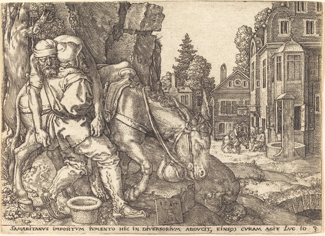 Den barmhjertige samaritaner placerer den rejsende på et muldyr, 1554. af Heinrich Aldegrever