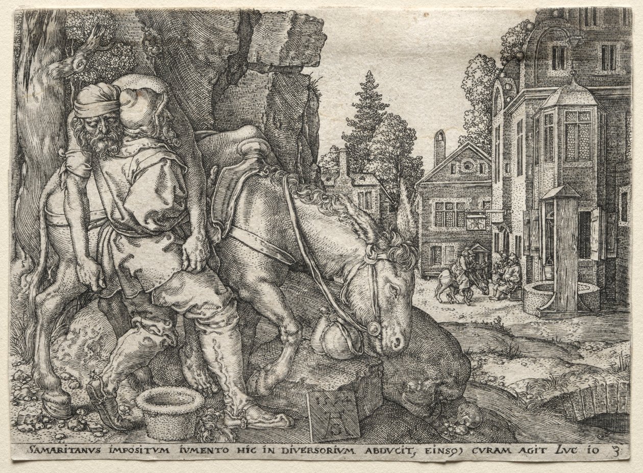 Lignelsen om den barmhjertige samaritaner: Den barmhjertige samaritaner sætter den rejsende på sit æsel, 1554. af Heinrich Aldegrever