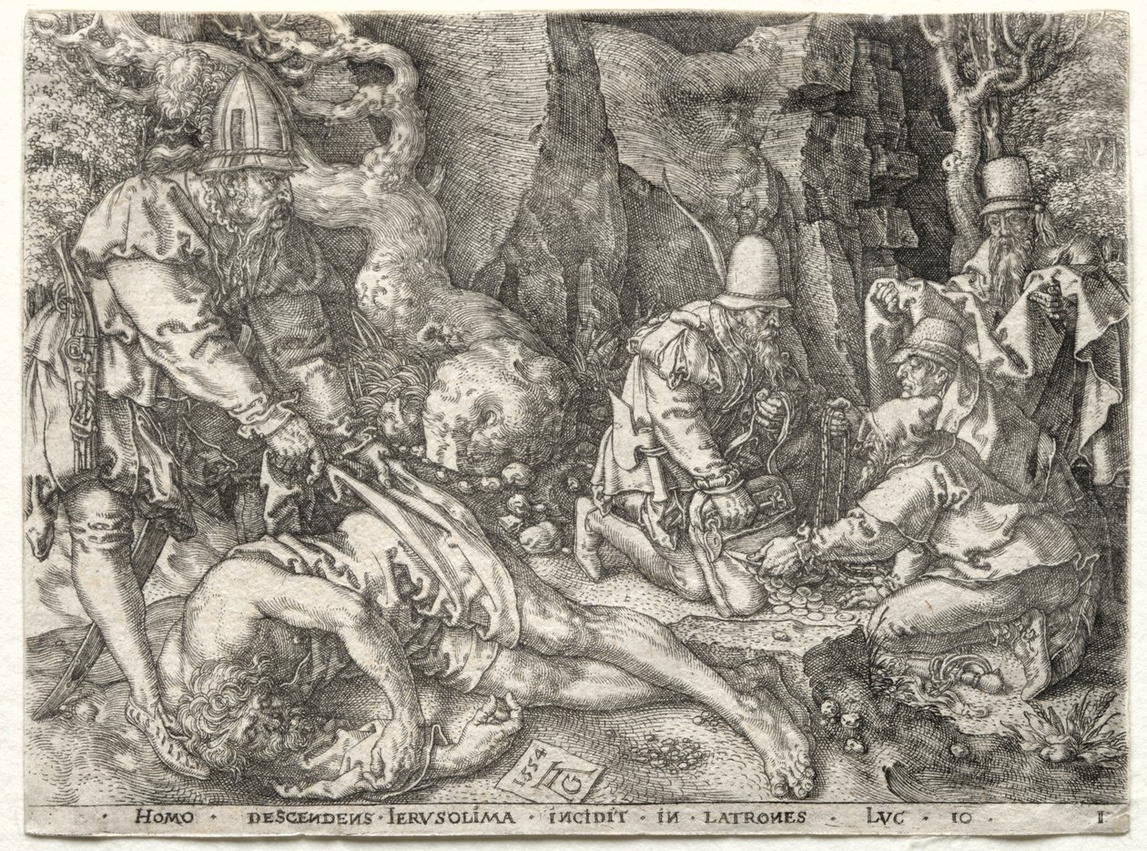 Lignelsen om den barmhjertige samaritaner: Røverne angreb de rejsende, 1554. af Heinrich Aldegrever
