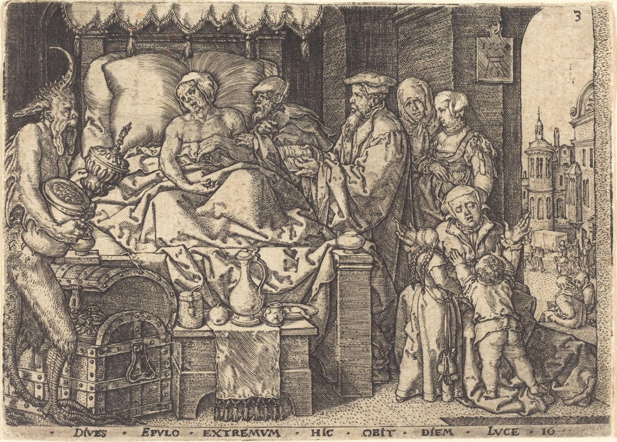 Den rige mand på sin dødsleje, 1554. af Heinrich Aldegrever
