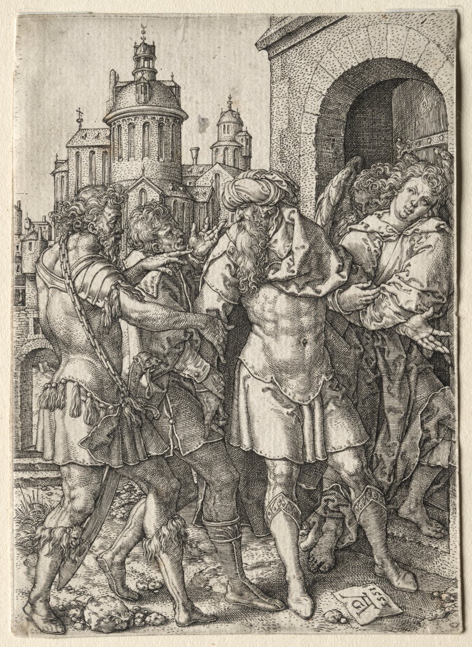 Historien om Lot: Lot forhindrer sodomitterne fra vold, 1555. af Heinrich Aldegrever