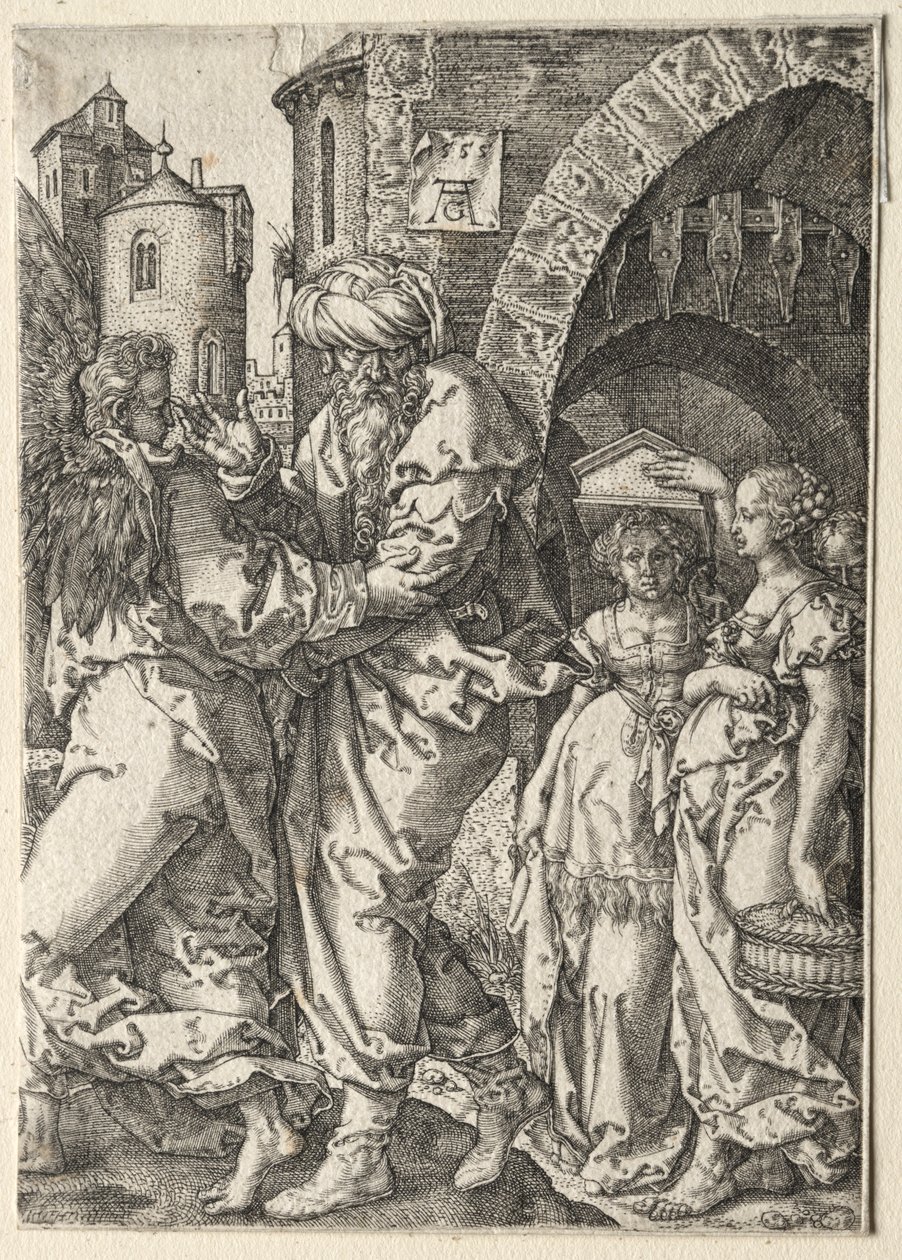 Historien om Lot: Lot og hans familie på flugt fra Sodoma, 1555. af Heinrich Aldegrever